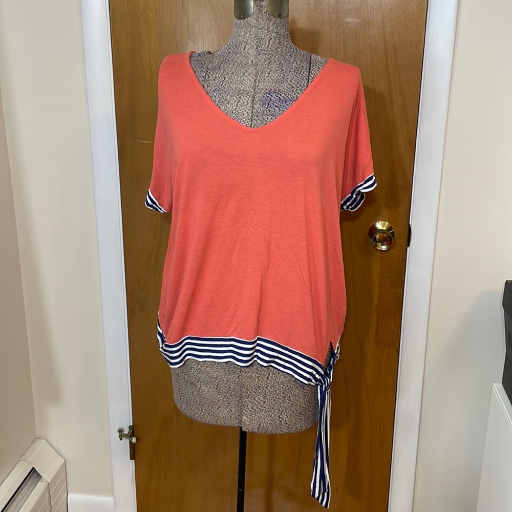 Lascana for Venus Womens XL Coral Short Sleeve Blouse Blue and White Trim